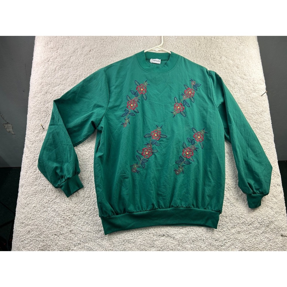 BonWorth Women's Green Sweatshirt Size M Floral Embroidered Cotton